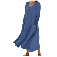 HOMCHY haljina za žene Solid Color Okrugli džep s dugim rukavima pamučna labava haljina