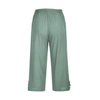 Zyekqe Womens Capris Hlače pamučne posteljine čvrste boje elastični struk Split pantalone sa džepnim