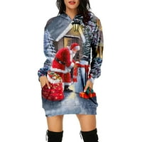 Ženske modne božićne tiskane džepove dugih rukava dukseva haljina