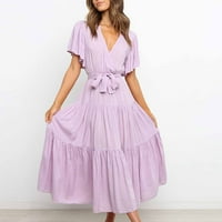 Ljetna haljina Ženska ležerna modna modna čvrsta boja V-izrez Dress za spajanje rukava za žene za žene