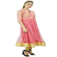 Ženski dizajner Bimbaline vjenčani ružičasti ružičasti izvezena neto kurta haljina-6