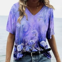 Tking Fashion Womens Ljeto Plus Veličina V izrez kratki rukav Ležerne prilike sa labavim cvjetnim tiskanim majicama sa džepom plave 4xl