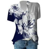Ljetni vrhovi za žensku bluzu gumba V-izrez s kratkim rukavima od tiskanog plavog 3xl