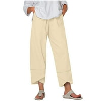 Fartey ženske pamučne posteljine široke pantalone za noge Sobe Comfy elastični struk džepovi za crtanje