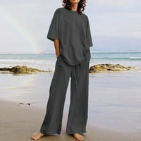 Plus size Ljetne odjeće za žene pamučne posteljine pantalone postavile su casual vrhove i široke pantalone