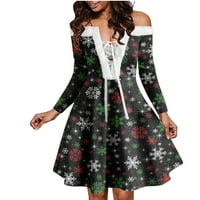 Žene Ležerne haljine, ženski povremeni božićni print dugih rukava s dugim rukavima haljina koljena za