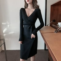 Ženska seksi dugi rukav V-izrez nepravilna čipka up pletena dno zamotana haljina Elegance plus veličina