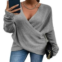 Voguele žene pletene džempere V džemper izrez zimski topli skakač vrhovi radne pulover Elegantni sivi