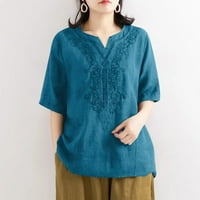 Ljetni vrhovi za žene plus veličine Trendi kratki rukav izvezeni bluza s V-izrezom, tamno plava, xxl