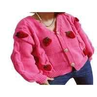 Ženska kabela-pletena džemper, odrasli jedno grud 3D jagoda za vez uzorak s dugim rukavima V-izrez Cardigan