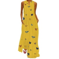 Ljetne haljine za žene Maxi slobodno vrijeme od tiskane bez rukava bez rukava za vrat za vrat žute l