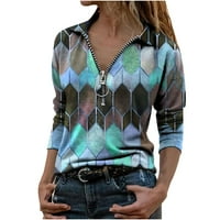 Zhizaihu Fashion V izrez Geometrijska bluza za ispis Žene Ležerne majica s dugim rukavima Plava S
