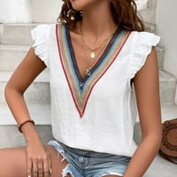 Penskaiy ženske ljetne casual vrhove solidne boje V izrez kratki rukav čipke za šivanje majica na vrhu