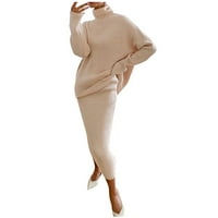 Duks haljina za žene 2-komadno pletene odjeće opušteno-fit dugi rukav kornjači dugim džemperi Bodycon