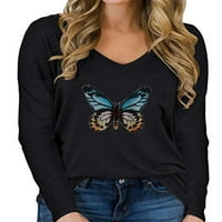 Haite Dame Butterfly Print dugih rukava Tee Casual V izrez T Majica Radna bluza Tunnic Black XL