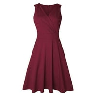 Entyinea Ženski ljetni tenk haljine casual bez rukava V izrez Solid boja ruffle midi haljina crvena