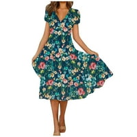 Ljetne haljine za žene Trendy s kratkim rukavima odštampana labava srednja dužina A-line V-izrez haljina