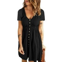 Ljetne haljine za žene s kratkim rukavima Solid Moda kratka haljina od V-izreza Black XL