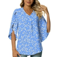 Modne majice za žene Split rukavi V izrez Blosue cvjetni print casual t majice Labavi dukvi tunički