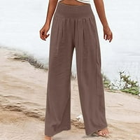 Ženska visoka struka široka noga labave boje u boji, pantalone, ležerne plaže trendy pauza sa dva džepa