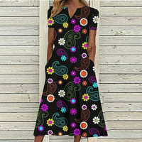 Dianli Formalne haljine za žene kratki rukav V-izrez Midi cvjetni print ljetne haljine Pocket Empire