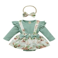 Djevojke za dijete Ljeto odijelo cvjetno spajanje O-izrez dugih rukava suknje suknje rumper s trakom