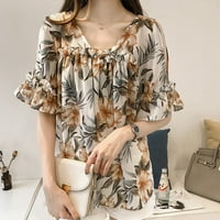 Baycosin ženske vrhove Dressy V-izrez cvjetni ispisani bluza ruffles kratki rukav casual šifonske majice