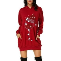 Duksevi za žene Božićne ženske odjeće Božićne kapuljače Haljina s dugim rukavima Božićne haljine s kapuljačom Crew Crt Xmas dukserice Božićna haljina za kuhanje za žene Slatke ženske vrhove crvene m