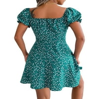 Ženska mini haljina kratki rukav V Vreća za vezanje Swing Flowy Ruffled Summer haljina