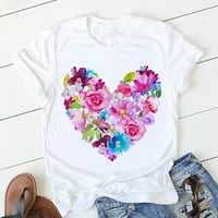 Olyvenn Smanjene majice za žene Ljubite srce Print cvjetni kratki rukav Crew Crt Ležerne prilike Modne