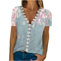 Ljetne košulje za žene V-izrez majice cvjetni tisak za tisak kratkih rukava Comfy casual bluze čipke