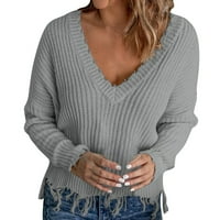 Ženski pulover džemper modni labavi casual v izrez HEM rub pune boje pletena jesen zimski džemper za