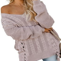 Chase Secret ženske rame V-izrez s dugim rukavima rebrani kabeli pleteni džemperi pulover labavi ugradnju