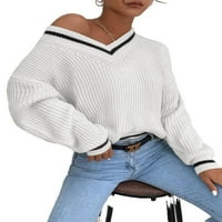 Ženski džemperi Preppy prugasti V vune puloveri bijeli l