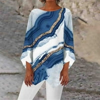 Ženski vrhovi brodski vrat od tiskane bluze casual ženske ljetne majice s dugim rukavima plava 2xl