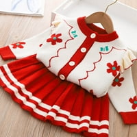 Dvorac Newbornova devojčica Džemper Knit Jesen Zima Outfit Bowknot Ruffle gumbe vrhovi mini suknja Ležerna rođendana Set za rođendan 18- mjeseci crveno - Božić