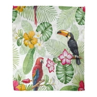 Flannel baca pokrivač uzorak zelene palme akvarel toucan i papagaj vintage tropsko meko za kauč za krevet