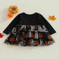 Djevojka za dijete Halloween Haljina kostim, bundeve Ghost Print dugih rukava okrugli vrat Tulle patchwork a-line haljina