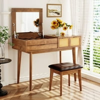 TCBosik Drveni tabeli tabela sa PU jastukom za stolicku, klasični toaletni stol sa okretnim ogledalom
