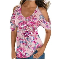 S gornjih ramena za žene cvjetni print v izrez ljetne majice kratki rukav casual bagesy tunic bluza