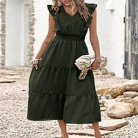 Usmixi Maxi haljine za žene bez rukava V-izrez Solid Ljeto Dugi haljina ruffle rukava elastična struka