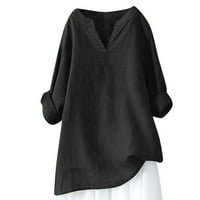 Asdoklhq Weens Plus Veličina $ $ ženska V-izrez dugih rukava od pamučne i posteljine ljetne majice Bluza