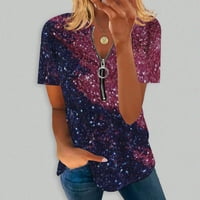 Penskaiy ženska modna labava udobnost V-izrez Zip Ispis kratkih rukava Top bluza ljetne majice i bluze