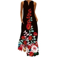 Ženska ljetna haljina bez rukava Ležerna modna plaža Seksi V izrez Duga haljina Flower Print Maxi haljina