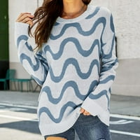 Prevelizirani džemperi za žene prugasti ispisani O-izrez dugih rukava Pleteni trak pulover, ležerne