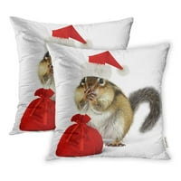 Božićni čips u crvenom santa claus šeširu na bijeloj životinjskoj smiješnoj vjeverici jastučni jastuk na poklopcu 2
