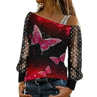 Žene Sequin Butterfly Ispiši s ramena majica MESH dugih rukava Splice majica bluza na vrhu casual labavih