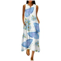 Clearmanske ljetne haljine za žene V-izrez modni tisak dužine gležnja a-line haljina bez rukava plava