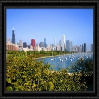 Chicago Cityscape i Jezero Veliki crni ukrašeni drveni okviri Canvas Art