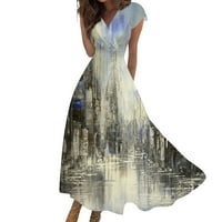FOPP Prodavač Ženska duga ležerna haljina Ljeto Kratki rukav V-izrez struk za povlačenje od tiskane